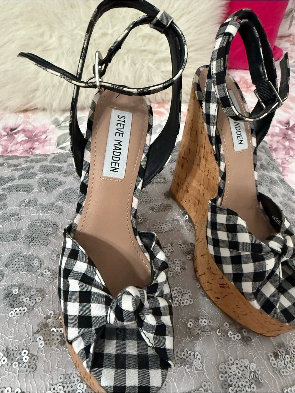 Steve Madden Black & White Gingham Cork Platform Wedges